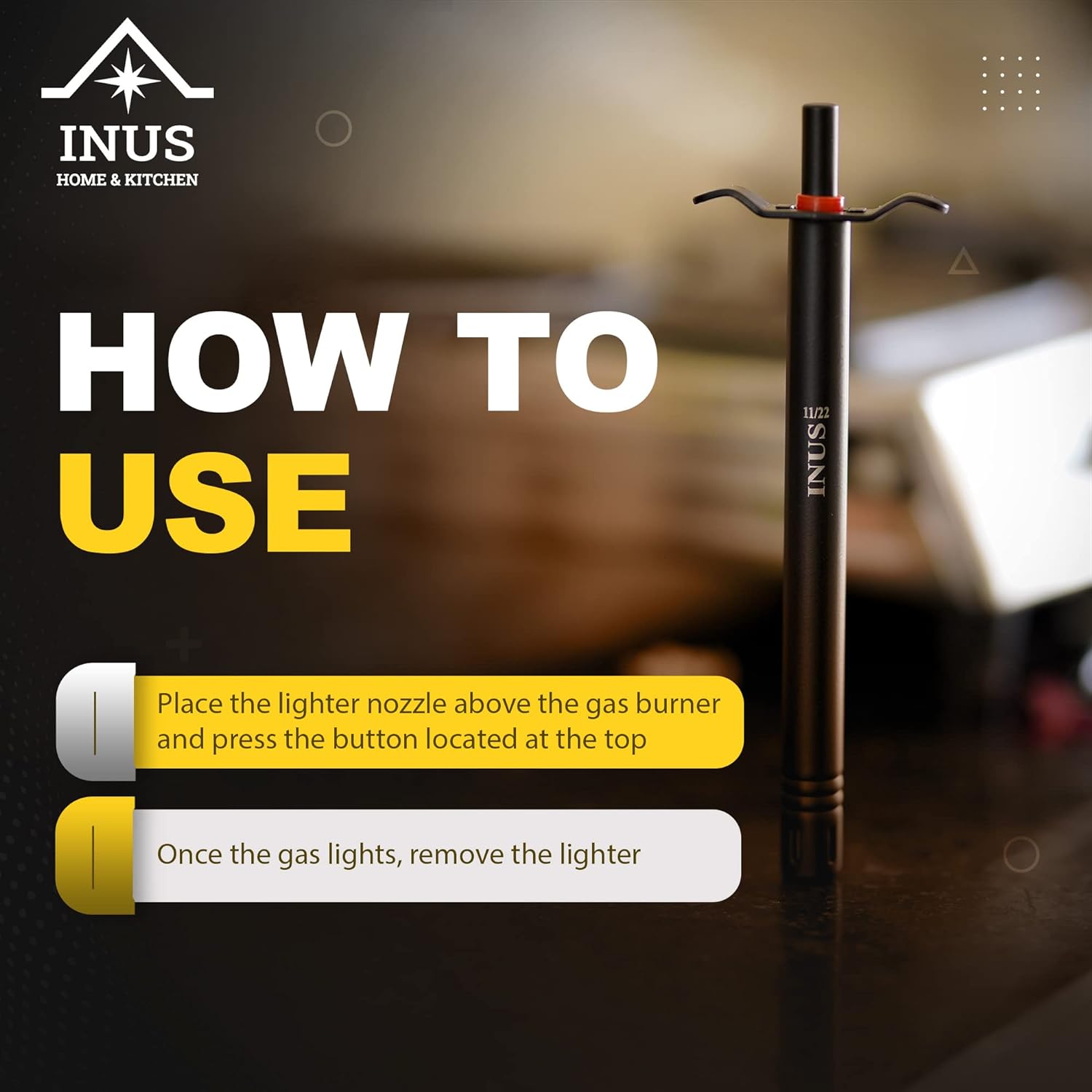 INUS Easy Grip Metal Regular Gas Lighters for Gas Stoves, Restaurants & Kitchen Use (Color - Black) Pack of 2