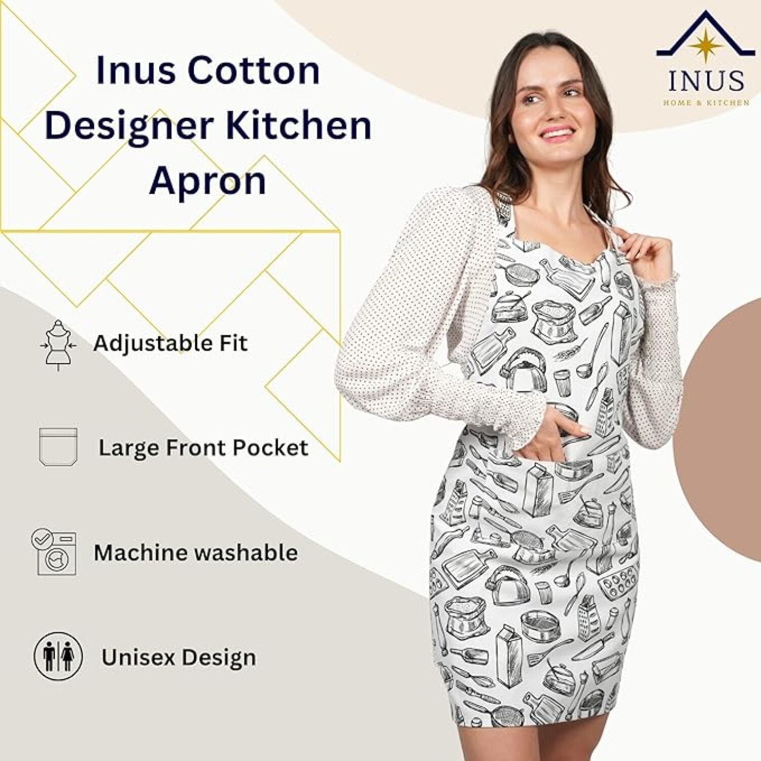 INUS Stylish Apron - Your Ultimate Companion for Fun and Stress-Free Cooking Explore our Range for Hygienic and Protective Kitchen Adventures - White & Black Print