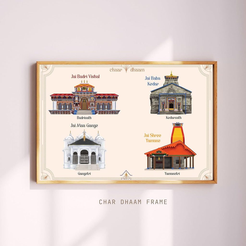 INUS Chaar Dhaam Wall Art Frame   Badrinath, Kedarnath, Gangotri, Yamunotri Temples | Digitally Hand-Drawn | Printed on Canvas  Spiritual Gift & Home Decor