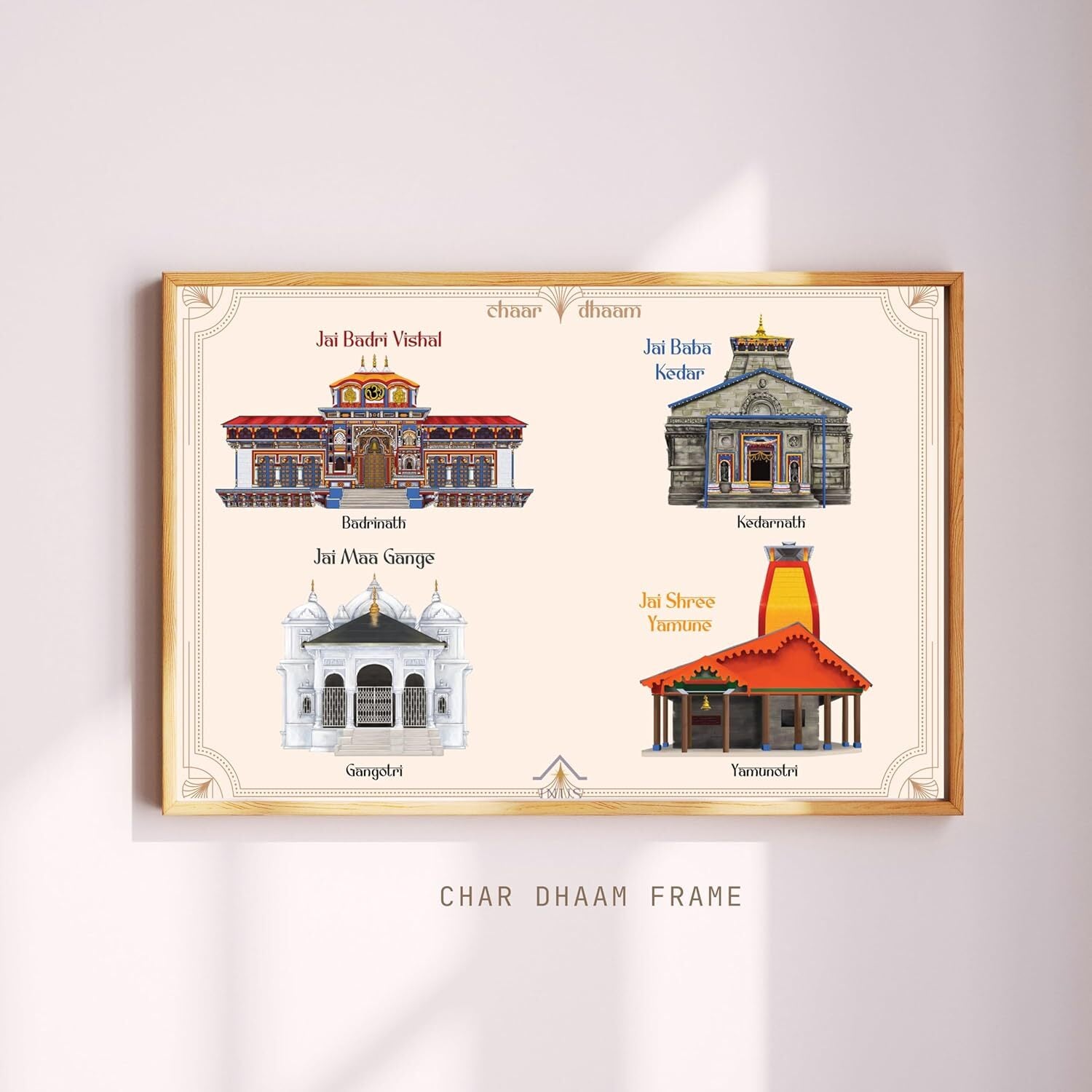 INUS Chaar Dhaam Wall Art Frame   Badrinath, Kedarnath, Gangotri, Yamunotri Temples | Digitally Hand-Drawn | Printed on Canvas  Spiritual Gift & Home Decor