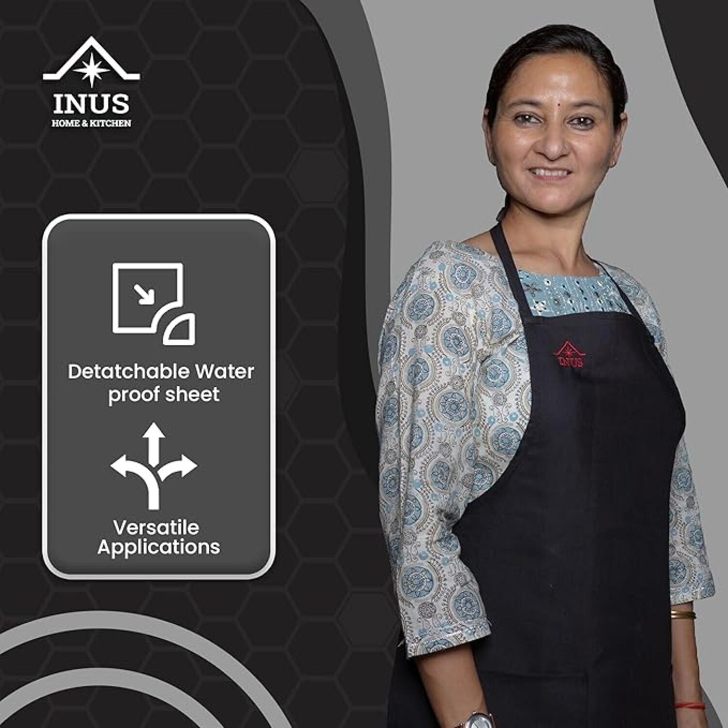 INUS Kitchen Apron For Adults Apron for Kitchen Adjustable With Removable Water Resistant Sheet Apron For Home & Hotel - (Black)