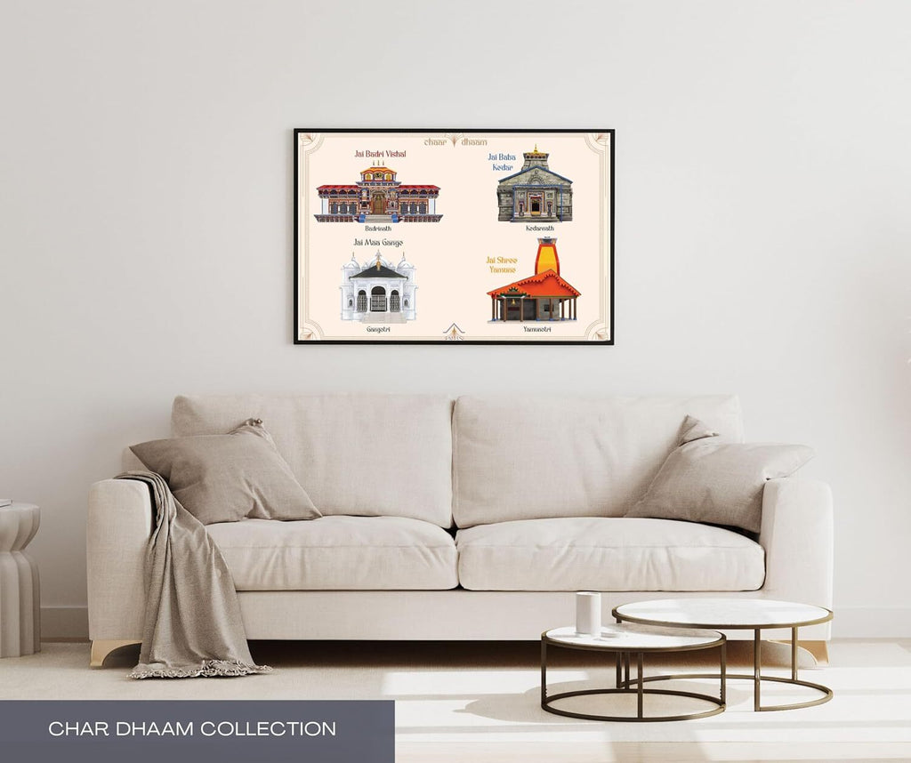 INUS Chaar Dhaam Wall Art Frame   Badrinath, Kedarnath, Gangotri, Yamunotri Temples | Digitally Hand-Drawn | Printed on Canvas  Spiritual Gift & Home Decor