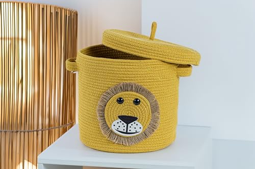 INUS Yellow Lion Storage Basket with Lid – Durable Multipurpose Toy Organizer for Laundry, Baby Clothes, Kids' Room, Nursery, Play Area, Office, and Living Room