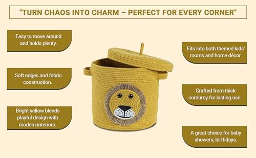 INUS Yellow Lion Storage Basket with Lid – Durable Multipurpose Toy Organizer for Laundry, Baby Clothes, Kids' Room, Nursery, Play Area, Office, and Living Room