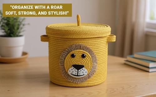 INUS Yellow Lion Storage Basket with Lid – Durable Multipurpose Toy Organizer for Laundry, Baby Clothes, Kids' Room, Nursery, Play Area, Office, and Living Room