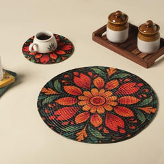 INUS 15" Reversible Cotton Dining Table Placemats & Coaster   Washable Round Table Mat for Hot Pots, Plates & Pans   Eco-Friendly Handmade Rib Style   Pack of 1 (Abstract Design)