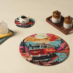 INUS 15" Reversible Cotton Dining Table Placemats & Coaster   Washable Round Table Mat for Hot Pots, Plates & Pans   Eco-Friendly Handmade Rib Style   Pack of 1 (Car Design)