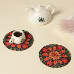 INUS 15" Reversible Cotton Dining Table Placemats & Coaster   Washable Round Table Mat for Hot Pots, Plates & Pans   Eco-Friendly Handmade Rib Style   Pack of 2 (Abstract Design)