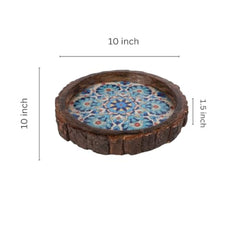 INUS Handcrafted Mango Wood Serving Tray - Round Wooden Floral Vine Design Natural Wood Food Tray for Kitchen & Dining - 10 x 10x 1.5 Inch