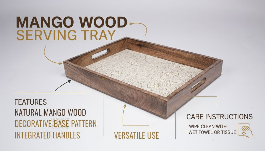 INUS Handcrafted Serving Tray Made of Mango Wood White Color Brass Fitted for Serving Coffee, Tea Cup, Snacks (Size 12"×8"×2.5" inch)