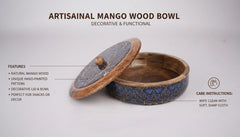 INUS Handcrafted Resin Wooden Enamel Coated Mango Wood Chapati Box Casserole, Bowl - Round Wooden Blue Leaf Design Natural Wood Decorative, Multipurpose for Kitchen & Dining - 22x 22x 7 cm