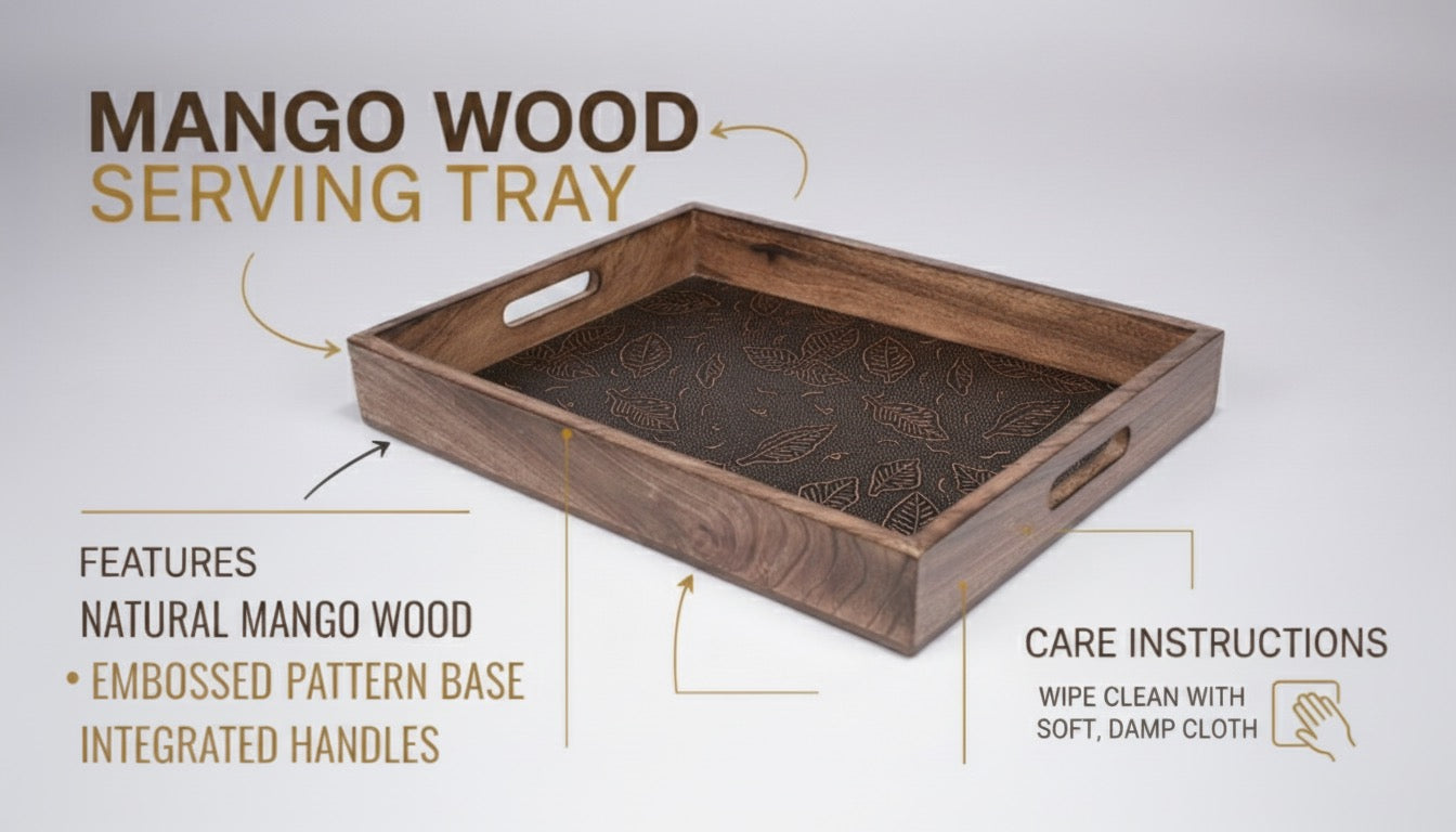 INUS Handcrafted Serving Tray Made of Mango Wood Brown Color Brass Fitted for Serving Coffee, Tea Cup, Snacks (Size 12"×8"×2.5" inch)