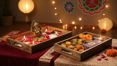 INUS Handcrafted Serving Tray Made of Mango Wood White Color Brass Fitted for Serving Coffee, Tea Cup, Snacks (Size 12"×8"×2.5" inch) PACK of 2