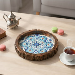 INUS Handcrafted Mango Wood Serving Tray - Round Wooden Floral Vine Design Natural Wood Food Tray for Kitchen & Dining - 10 x 10x 1.5 Inch