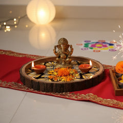 INUS Handcrafted Mango Wood Serving Tray - Round Wooden Floral Vine Design Natural Wood Food Tray for Kitchen & Dining - 12 x 12x 1.5 Inch