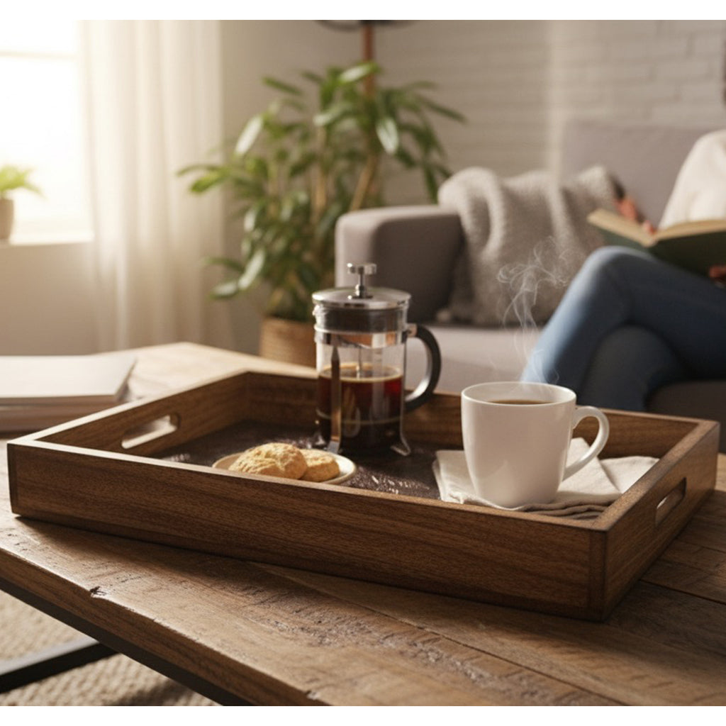 INUS Handcrafted Serving Tray Made of Mango Wood Brown Color Brass Fitted for Serving Coffee, Tea Cup, Snacks (Size 15"×8"×2.5" inch)