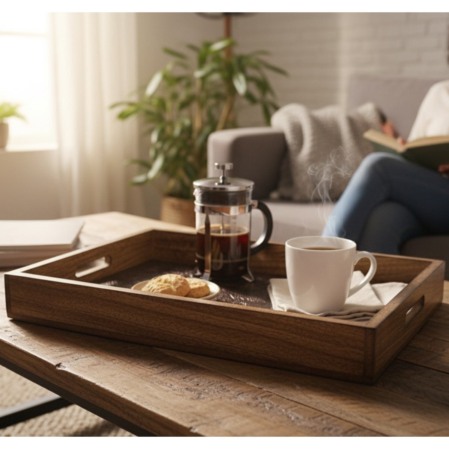 INUS Handcrafted Serving Tray Made of Mango Wood Brown Color Brass Fitted for Serving Coffee, Tea Cup, Snacks (Size 15"×8"×2.5" inch)