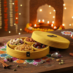 INUS Dry Fruit Jute Container Tray Set with Cotton Rope & Lid - Multiuse Storage for Sweets, Chips, Cookies Diwali Gift & Snacks (Yellow)