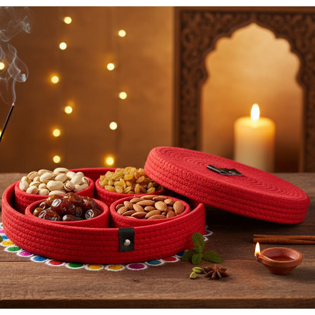 Jute Containers INUS Dry Fruit Jute Container Tray Set with Cotton Rope & Lid - Versat ...