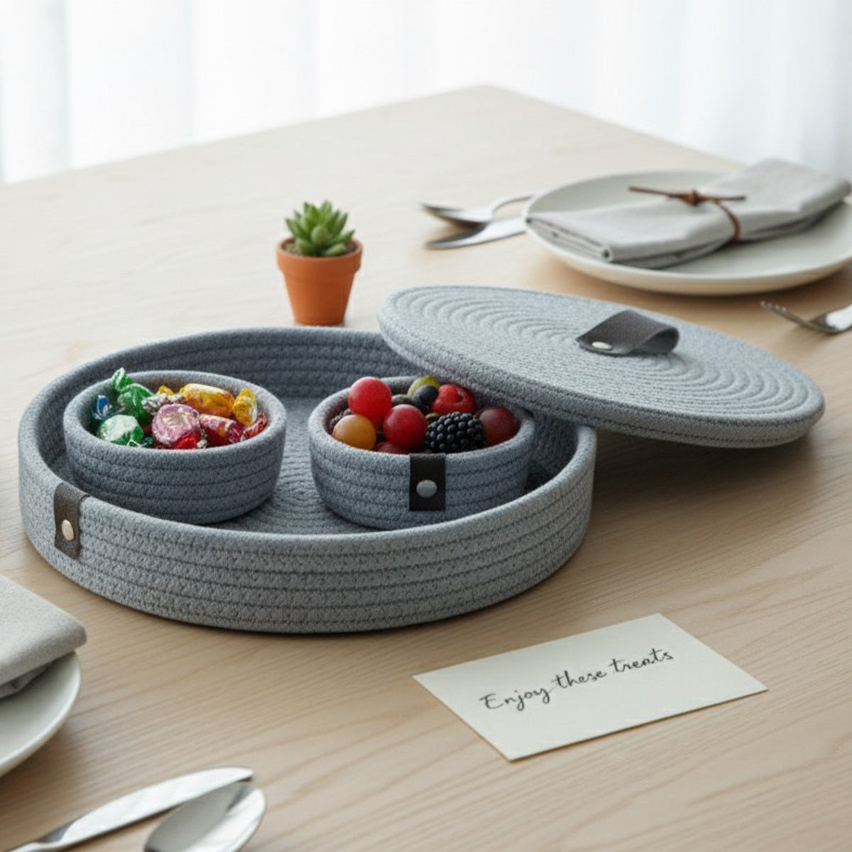 Jute Containers INUS Dry Fruit Jute Container Tray Set with Cotton Rope & Lid - Multiu ...