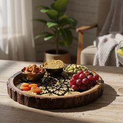 INUS Handcrafted Mango Wood Serving Tray - Round Wooden Floral Vine Design Natural Wood Food Tray for Kitchen & Dining - 12 x 12x 1.5 Inch