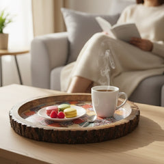 INUS Handcrafted Serving Tray Made of Mango Wood Brown Color Brass Fitted for Serving Coffee, Tea Cup, Snacks (Size 12"_8"_2.5" inch)