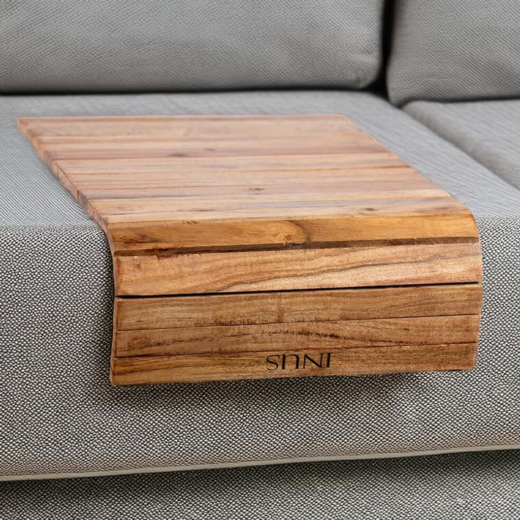 INUS Wooden Sofa Armrest Tray Foldable Acacia Wood, Flexible & Foldable,Dining Rectangular Table Mat,Suitable for Food,Drinks,Snacks, Diwali Gift Cup Elegant Brown Finish for Living Room Comfort