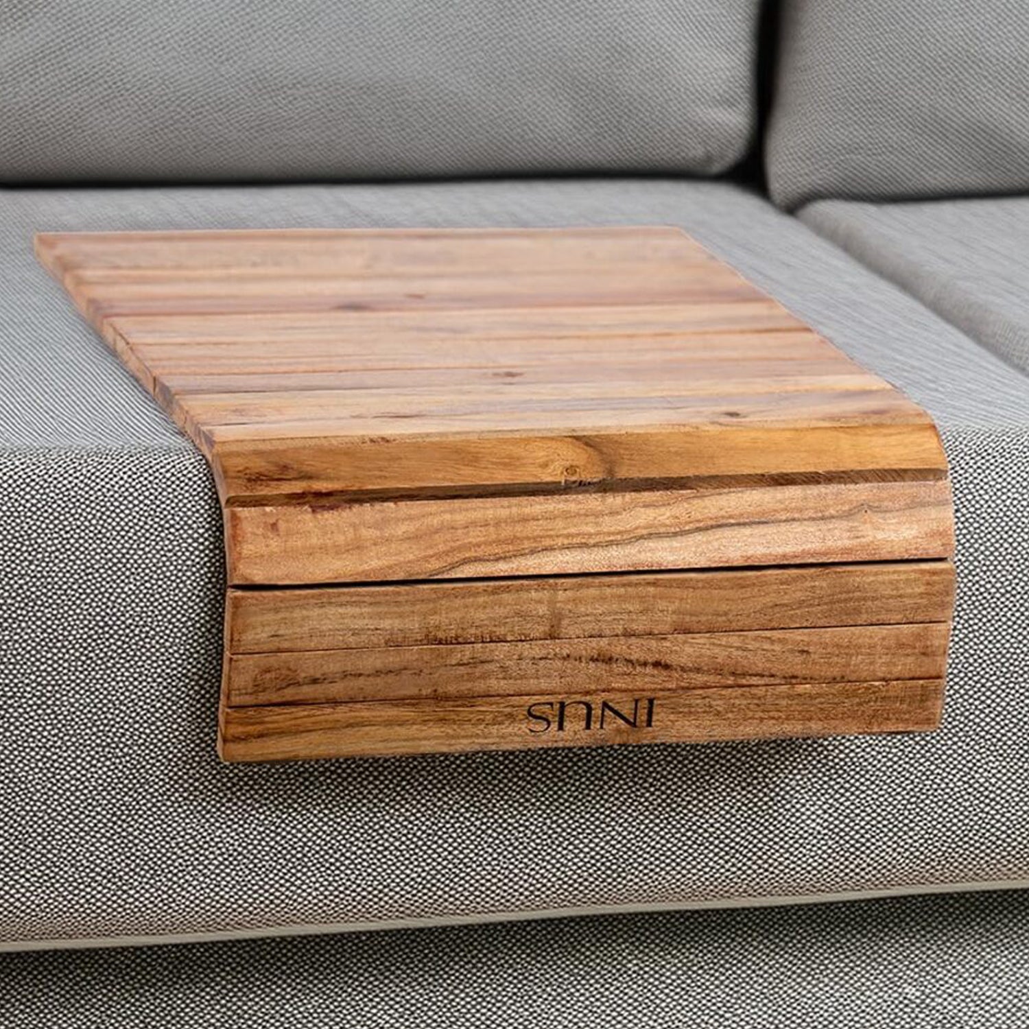 INUS Wooden Sofa Armrest Tray Foldable Acacia Wood, Flexible & Foldable,Dining Rectangular Table Mat,Suitable for Food,Drinks,Snacks, Diwali Gift Cup Elegant Brown Finish for Living Room Comfort