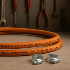 INUS Ready to Use Reinforced LPG Rubber Hose PipeLeak Proof, Made With Reinforced Steel Wire Flame Resistant Design Perfect for Gas Stove with Durable Clamp 1.5m