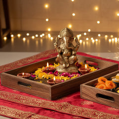 INUS Handcrafted Serving Tray Made of Mango Wood Brown Color Brass Fitted for Serving Coffee, Tea Cup, Snacks (Size 15"×8"×2.5" inch) PACK of 2