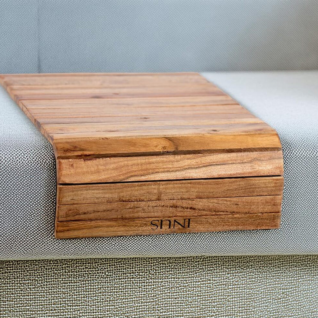 INUS Wooden Sofa Armrest Tray Foldable Acacia Wood, Flexible & Foldable,Dining Rectangular Table Mat,Suitable for Food,Drinks,Snacks, Diwali Gift Cup Elegant Brown Finish for Living Room Comfort