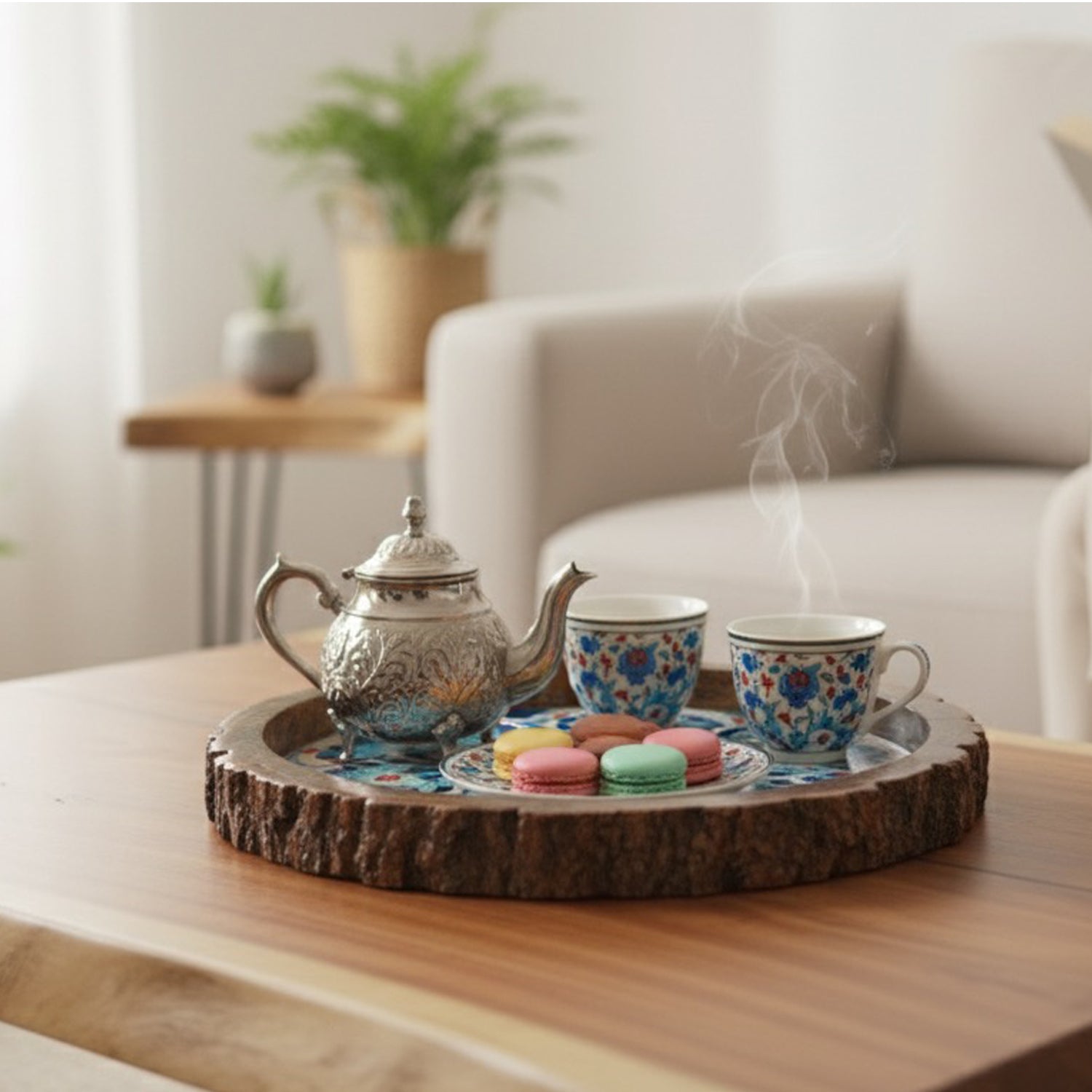 INUS Handcrafted Mango Wood Serving Tray - Round Wooden Floral Vine Design Natural Wood Food Tray for Kitchen & Dining - 10 x 10x 1.5 Inch