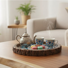 INUS Handcrafted Mango Wood Serving Tray - Round Wooden Floral Vine Design Natural Wood Food Tray for Kitchen & Dining - 10 x 10x 1.5 Inch