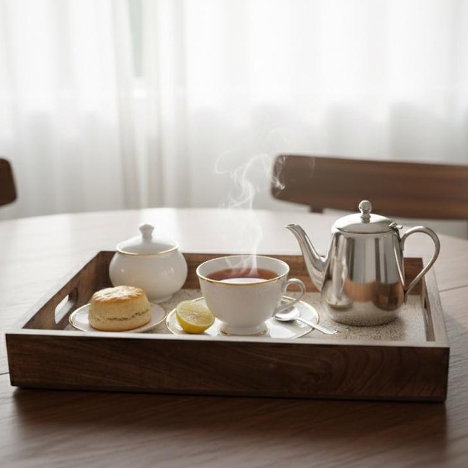 INUS Handcrafted Serving Tray Made of Mango Wood White Color Brass Fitted for Serving Coffee, Tea Cup, Snacks (Size 12"×8"×2.5" inch) PACK of 2