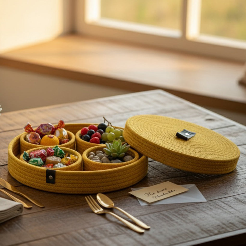 Jute Containers INUS Dry Fruit Jute Container Tray Set with Cotton Rope & Lid - Multiu ...