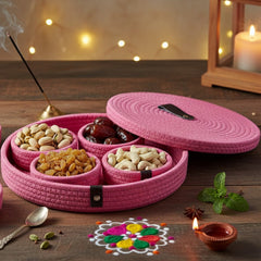 INUS Dry Fruit Jute Container Tray Set with Cotton Rope & Lid - Multiuse Storage for Sweets, Chips, Diwali Gift Cookies & Snacks (Pink)