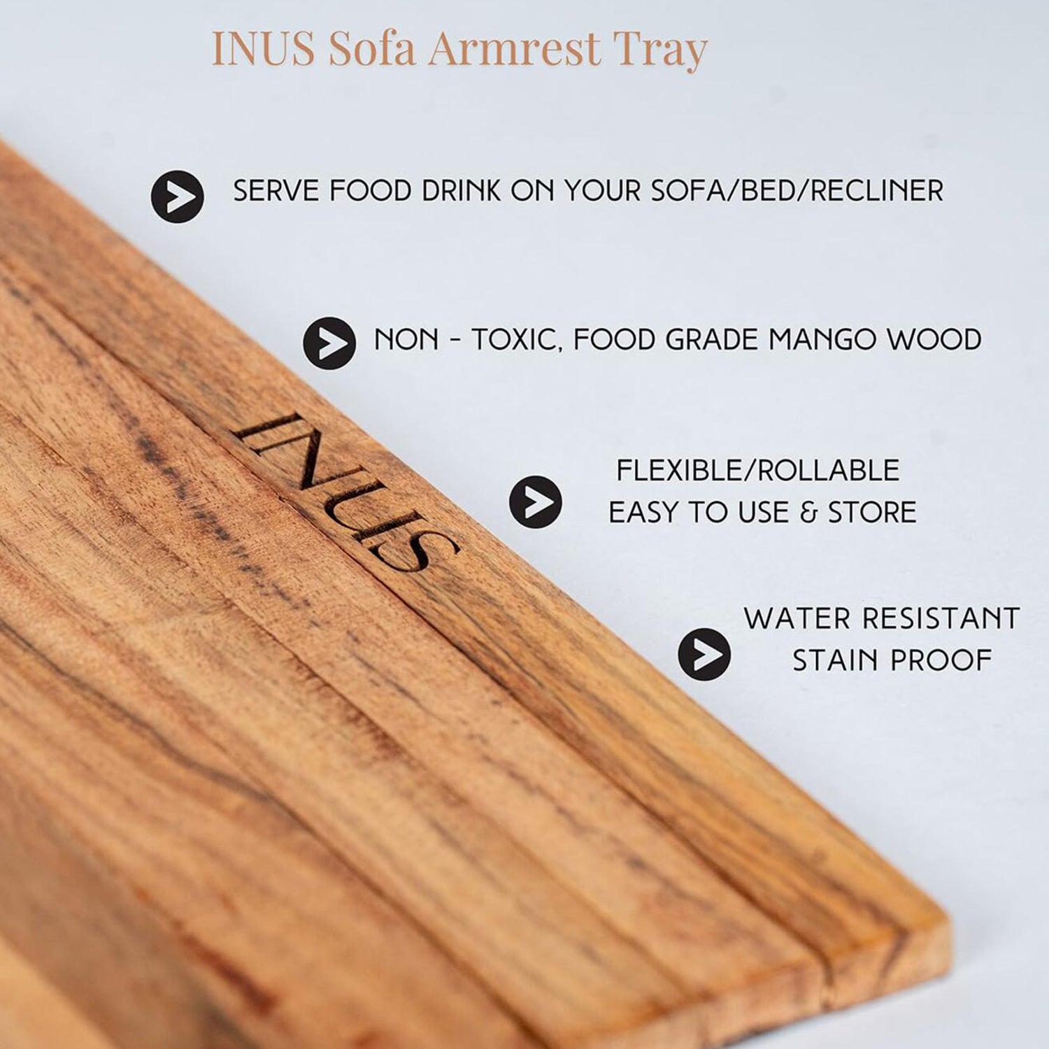 INUS Wooden Sofa Armrest Tray Foldable Acacia Wood, Flexible & Foldable,Dining Rectangular Table Mat,Suitable for Food,Drinks,Snacks, Diwali Gift Cup Elegant Brown Finish for Living Room Comfort