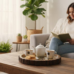 INUS Handcrafted Mango Wood Serving Tray - Round Wooden Floral Vine Design Natural Wood Food Tray for Kitchen & Dining - 12 x 12x 1.5 Inch