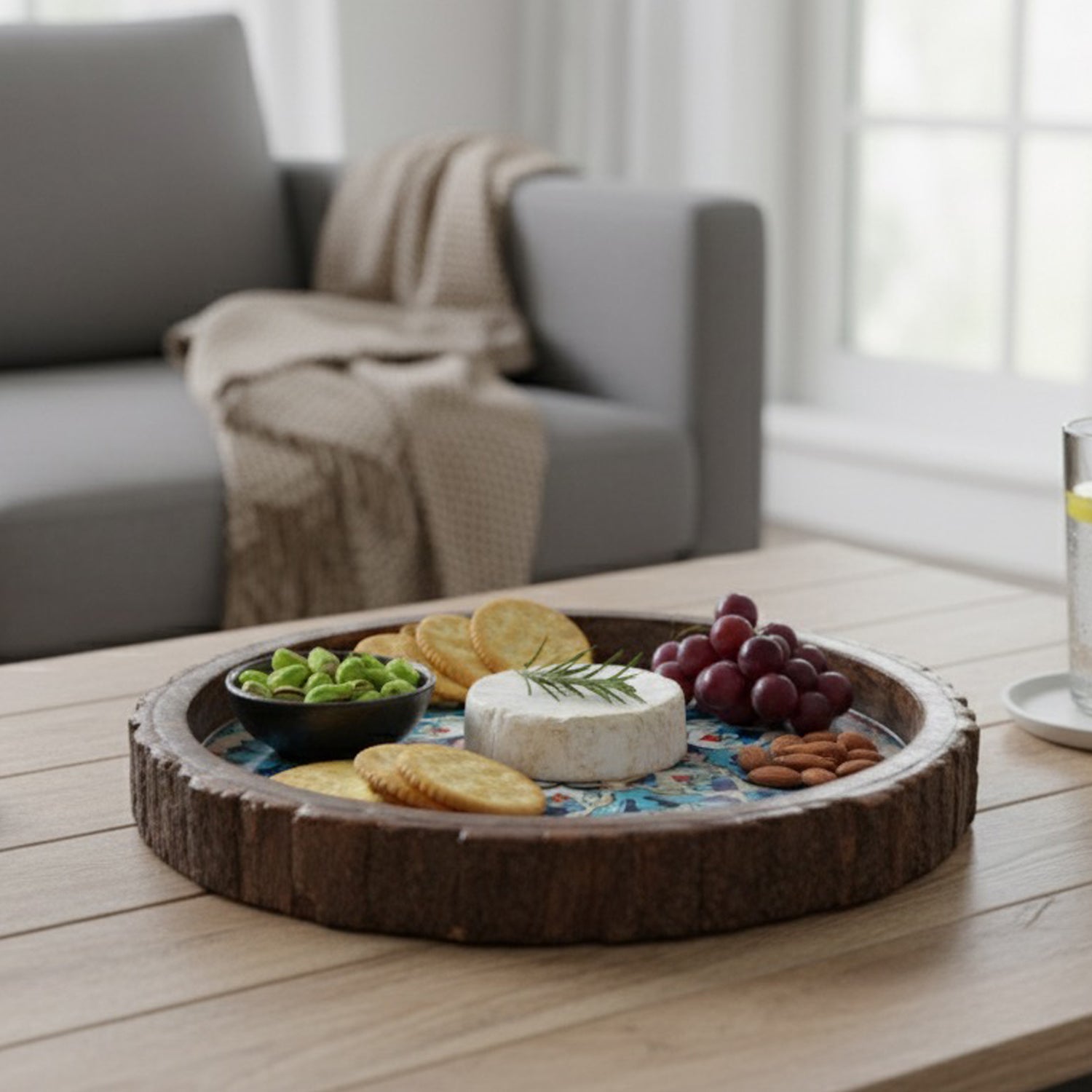 INUS Handcrafted Mango Wood Serving Tray - Round Wooden Floral Vine Design Natural Wood Food Tray for Kitchen & Dining - 10 x 10x 1.5 Inch