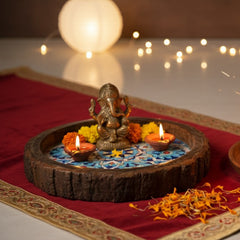 INUS Handcrafted Mango Wood Serving Tray - Round Wooden Floral Vine Design Natural Wood Food Tray for Kitchen & Dining - 10 x 10x 1.5 Inch