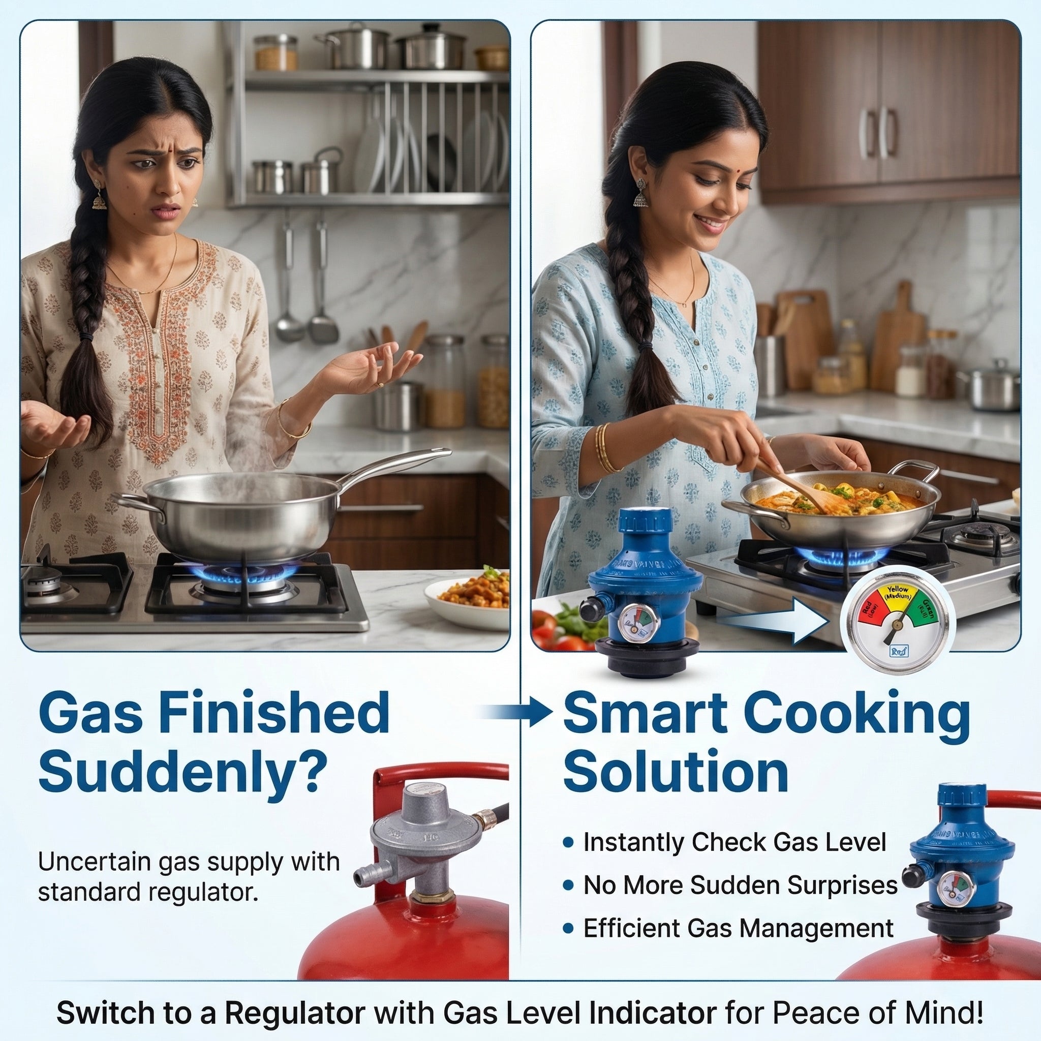 INUS Kitchen Smart and Unique Regulator with Gas Level Indicator Design with Multipoint Holding Design, with Imported Korean Zinc, Fire Safe, with Child Safety, Commercial Use Only