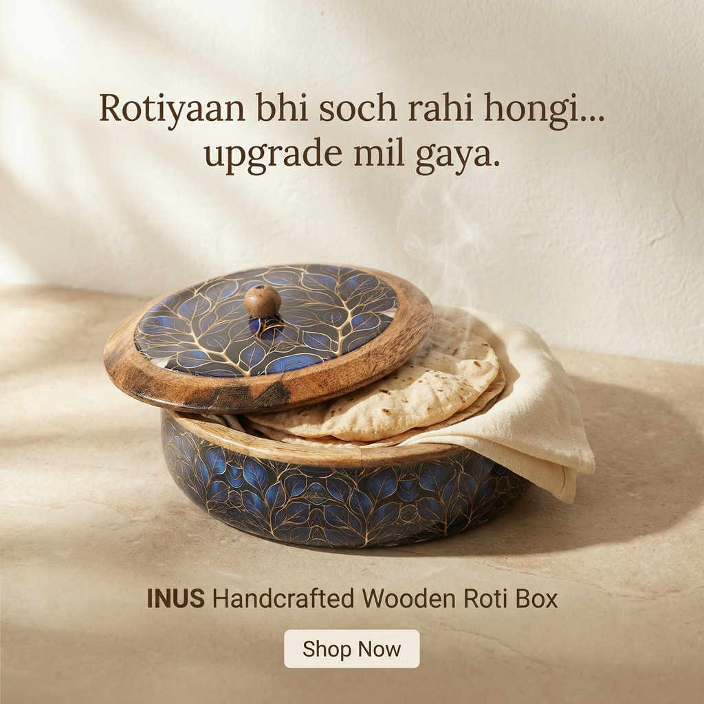 INUS Handcrafted Resin Wooden Enamel Coated Mango Wood Chapati Box Casserole, Bowl - Round Wooden Blue Leaf Design Natural Wood Decorative, Multipurpose for Kitchen & Dining - 8.8 x 8.8 x 2.6 Inch