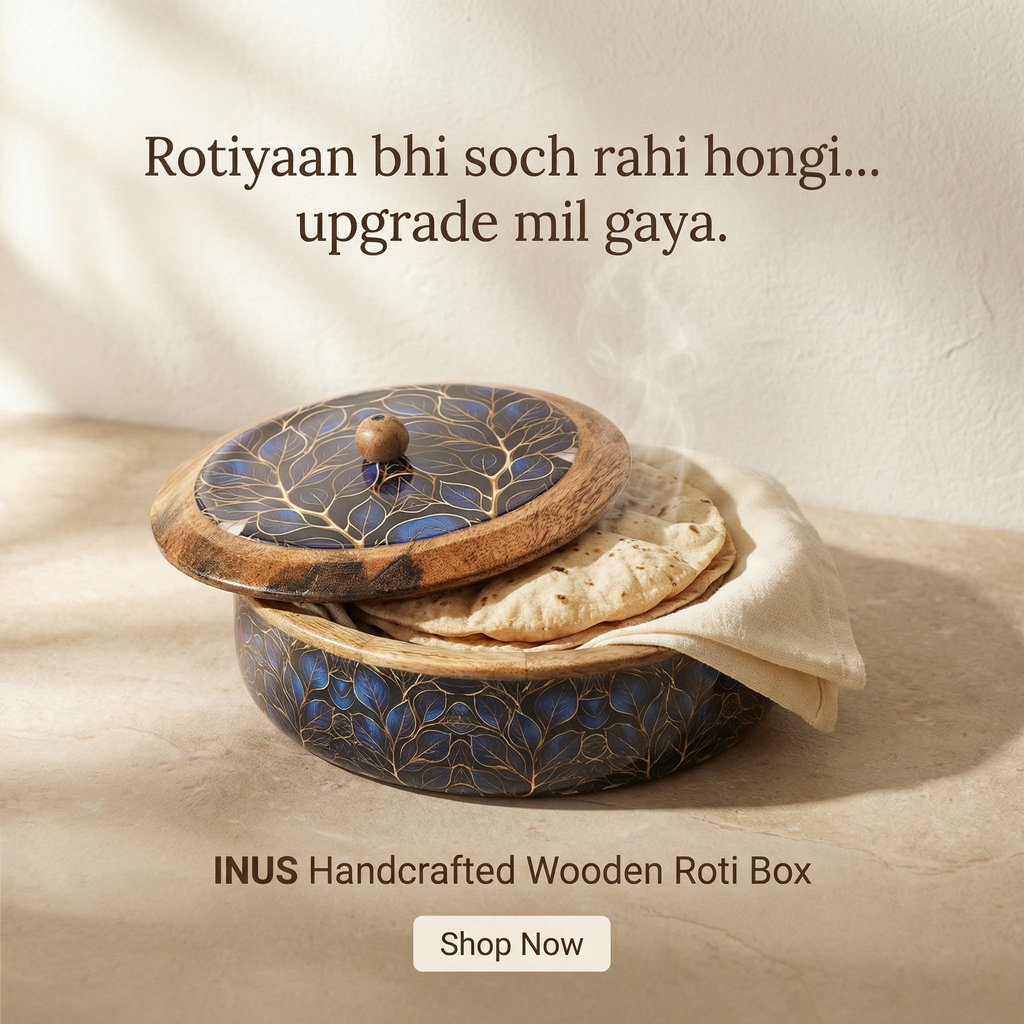 INUS Handcrafted Resin Wooden Enamel Coated Mango Wood Chapati Box Casserole, Bowl - Round Wooden Blue Leaf Design Natural Wood Decorative, Multipurpose for Kitchen & Dining - 8.8 x 8.8 x 2.6 Inch