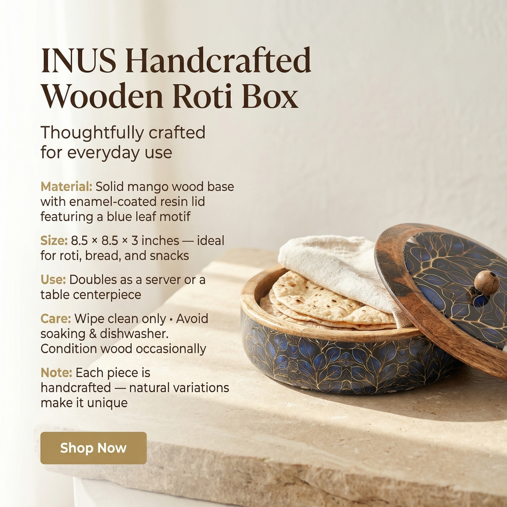 INUS Handcrafted Resin Wooden Enamel Coated Mango Wood Chapati Box Casserole, Bowl - Round Wooden Blue Leaf Design Natural Wood Decorative, Multipurpose for Kitchen & Dining - 8.8 x 8.8 x 2.6 Inch