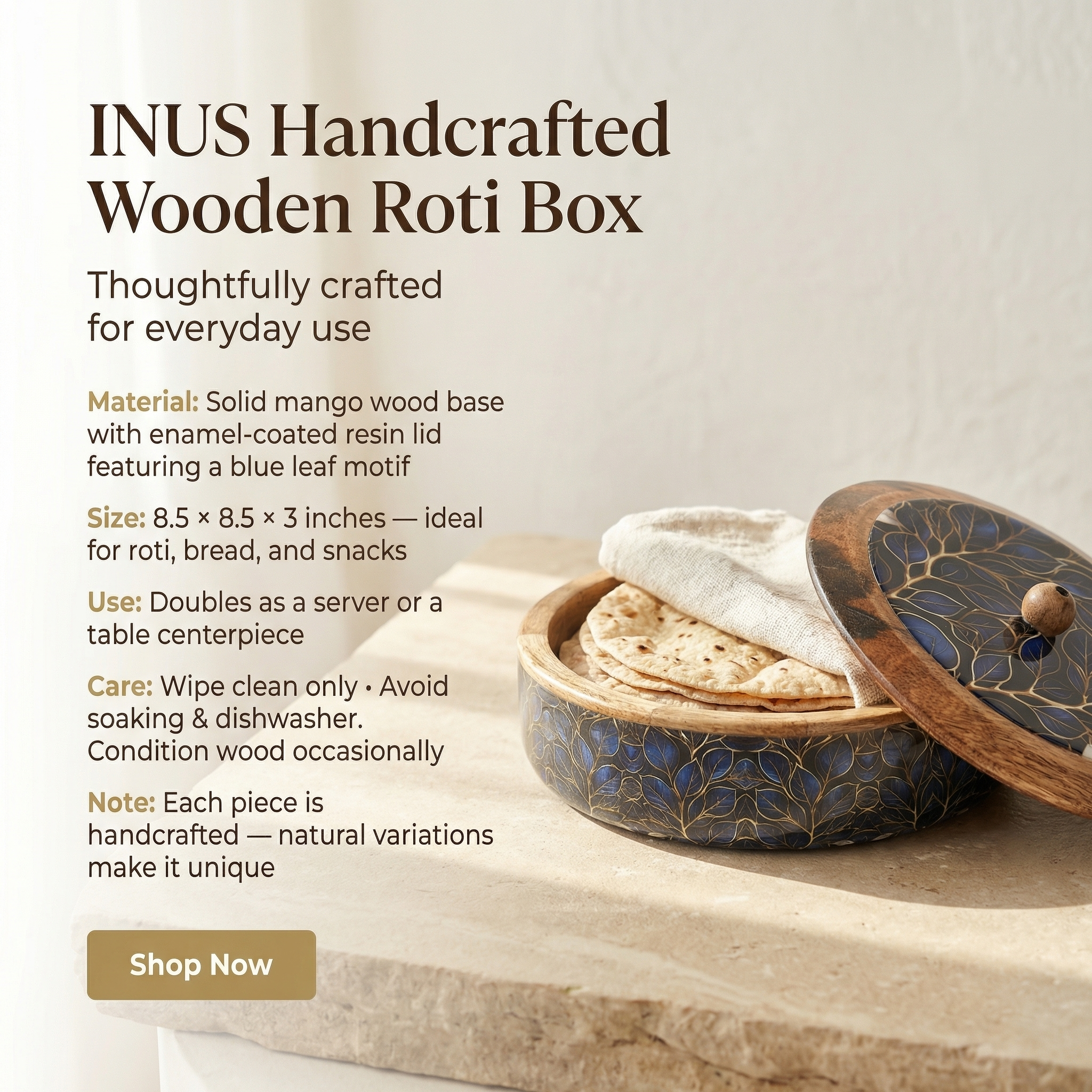 INUS Handcrafted Resin Wooden Enamel Coated Mango Wood Chapati Box Casserole, Bowl - Round Wooden Blue Leaf Design Natural Wood Decorative, Multipurpose for Kitchen & Dining - 8.8 x 8.8 x 2.6 Inch