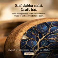 INUS Handcrafted Resin Wooden Enamel Coated Mango Wood Chapati Box Casserole, Bowl - Round Wooden Blue Leaf Design Natural Wood Decorative, Multipurpose for Kitchen & Dining - 8.8 x 8.8 x 2.6 Inch