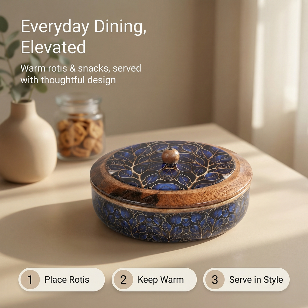 INUS Handcrafted Resin Wooden Enamel Coated Mango Wood Chapati Box Casserole, Bowl - Round Wooden Blue Leaf Design Natural Wood Decorative, Multipurpose for Kitchen & Dining - 8.8 x 8.8 x 2.6 Inch