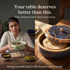 INUS Handcrafted Resin Wooden Enamel Coated Mango Wood Chapati Box Casserole, Bowl - Round Wooden Blue Leaf Design Natural Wood Decorative, Multipurpose for Kitchen & Dining - 8.8 x 8.8 x 2.6 Inch