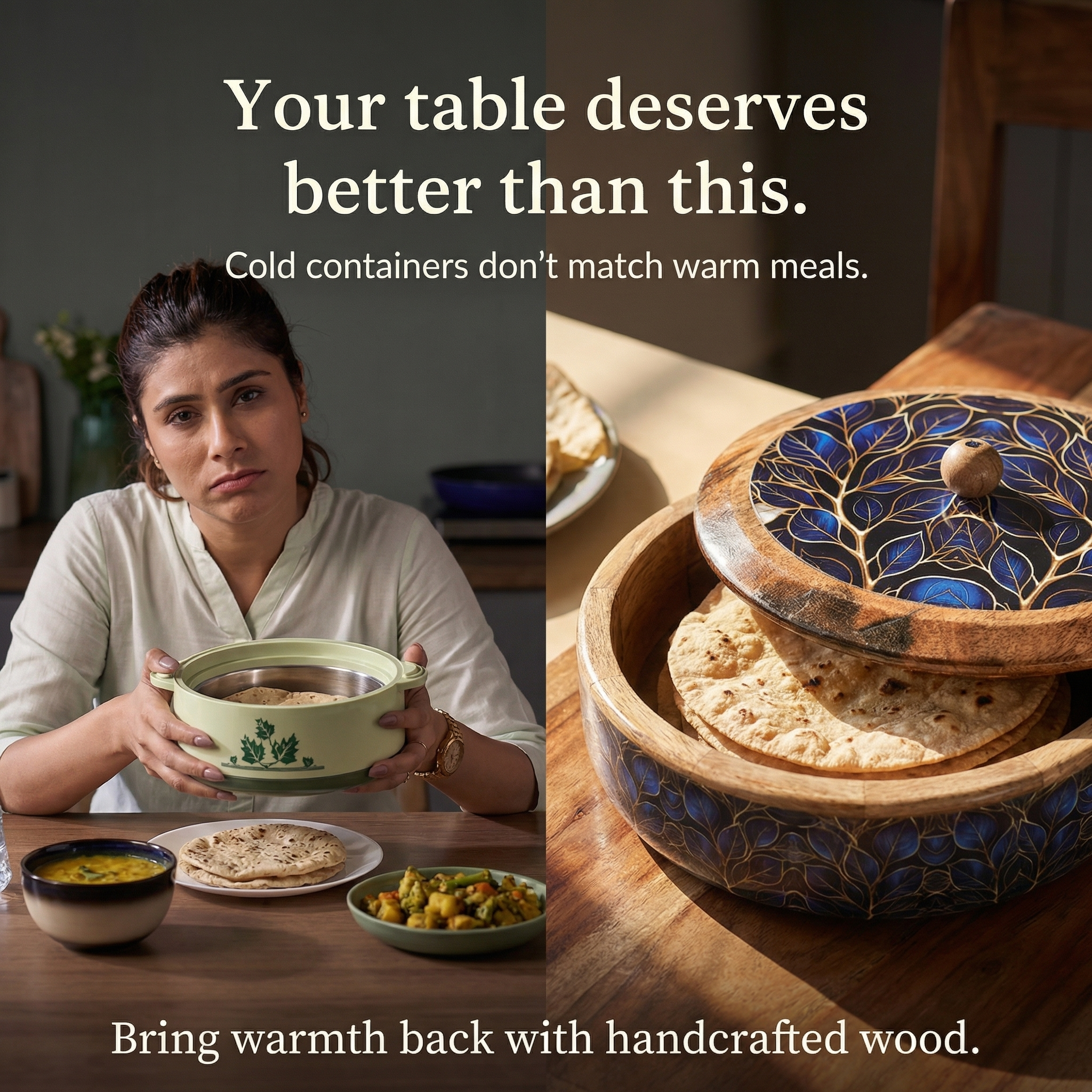 INUS Handcrafted Resin Wooden Enamel Coated Mango Wood Chapati Box Casserole, Bowl - Round Wooden Blue Leaf Design Natural Wood Decorative, Multipurpose for Kitchen & Dining - 8.8 x 8.8 x 2.6 Inch